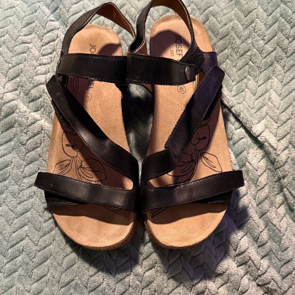 Josef Seibel Black Leather Cross-Strap Slingback Sandals